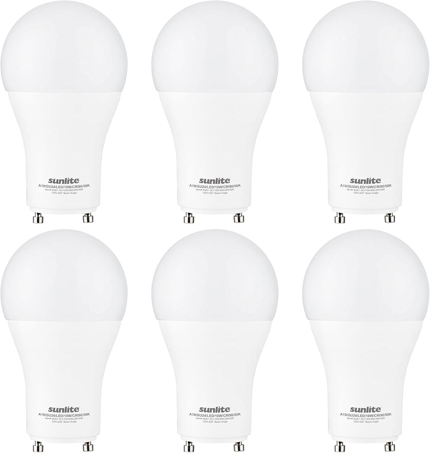 LED A19 Light Bulb GU24 Base, 10 Watt, 800 Lumens, 90 CRI Dimmable - 6 Pack