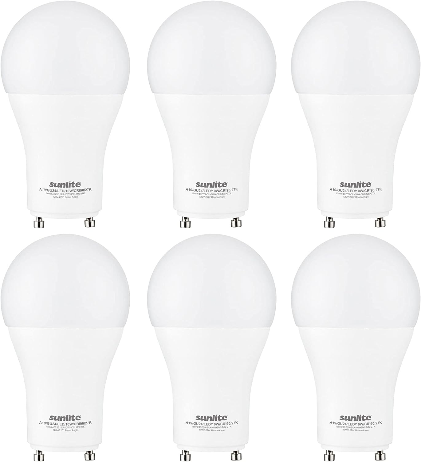 LED A19 Light Bulb GU24 Base, 10 Watt, 800 Lumens, 90 CRI Dimmable - 6 Pack