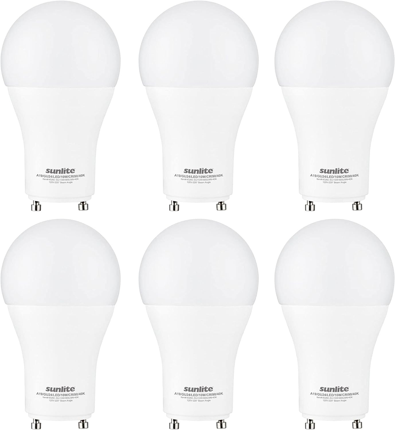 LED A19 Light Bulb GU24 Base, 10 Watt, 800 Lumens, 90 CRI Dimmable - 6 Pack